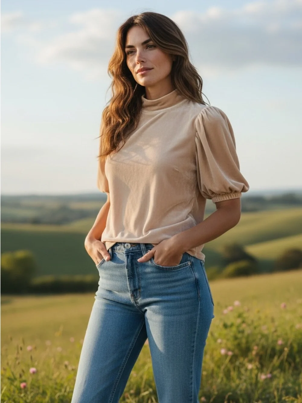 Free People Soft Puff Sleeve Mock Neck Top - Beige Sz Small